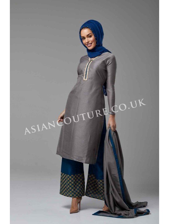 SLEET GREY AND BLUE WINTER WEAR READYMADE PALAZZO SUIT