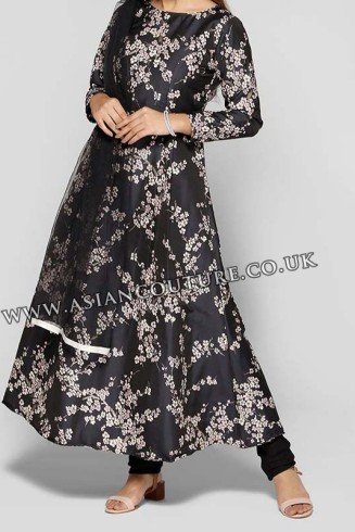 NAVY BLUE FLORAL JACQUARD BROCADE INDIAN DRESS