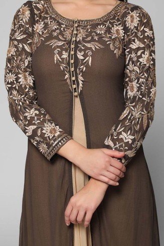 BROWN AND BEIGE A LINE SLIT JACKET STYLE CHURIDAAR SUIT