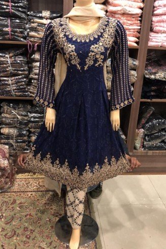 NAVY BLUE ELEGANT CHIFFON EMBROIDERED PARTY WEAR READYMADE SUIT
