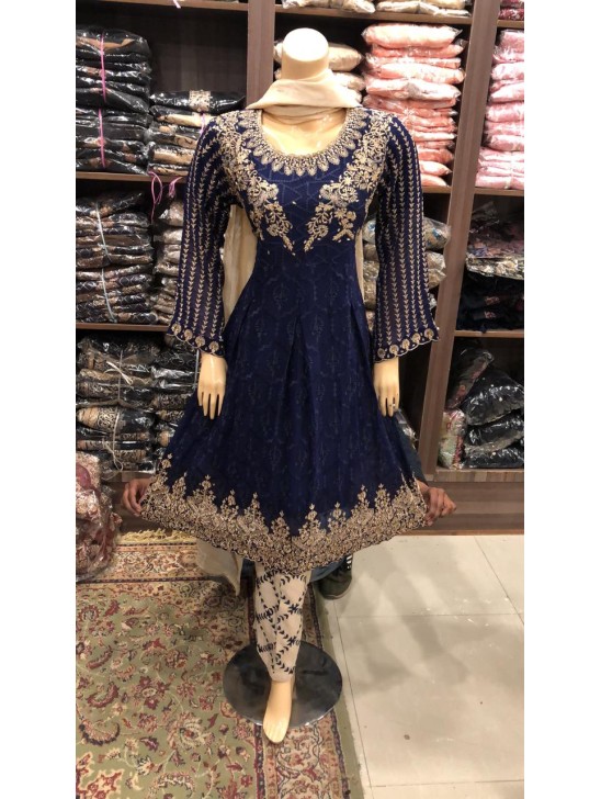 NAVY BLUE ELEGANT CHIFFON EMBROIDERED PARTY WEAR READYMADE SUIT