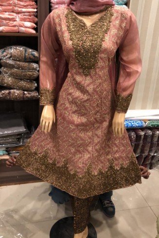 ROSE PINK CHIFFON EMBROIDERED PAKISTANI STYLE WEDDING WEAR READYMADE SUIT