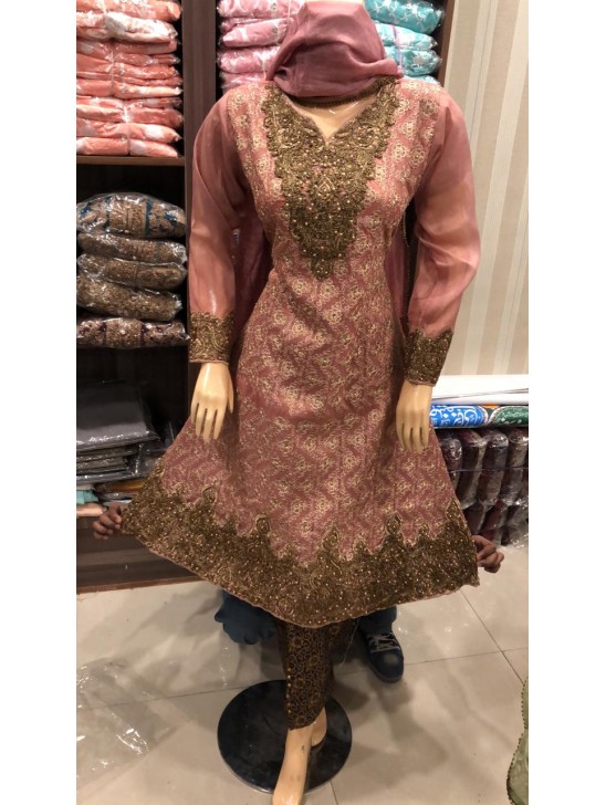 ROSE PINK CHIFFON EMBROIDERED PAKISTANI STYLE WEDDING WEAR READYMADE SUIT