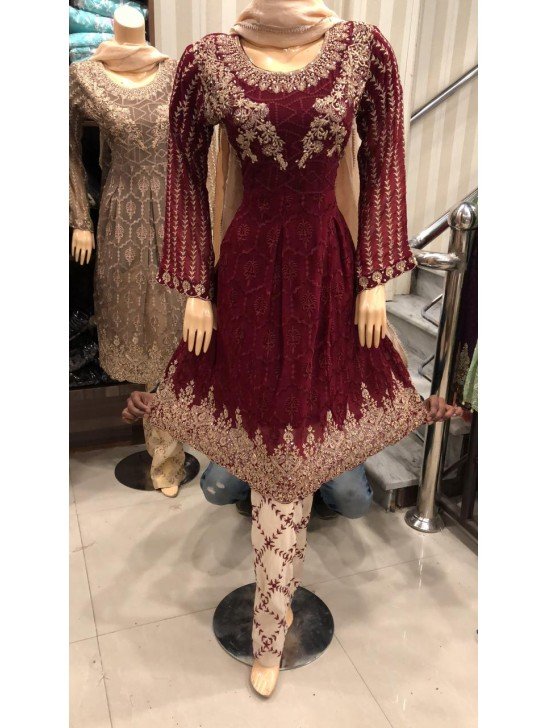 CHARMING MAROON PAKISTANI STYLE PARTY WEAR READYMADE SUIT