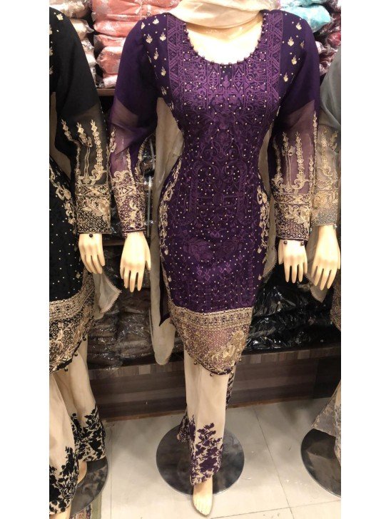 PURPLE CHIFFON EMBROIDERED PAKISTANI STYLE READYMADE SALWAR KAMEEZ