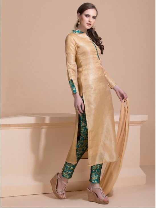 BEIGE BROCADE STYLE CHURIDAAR DRESS