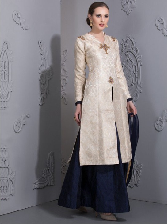 CREAM AND NAVY BLUE BROCADE SLIT TOP STYLISH LENGHA DRESS