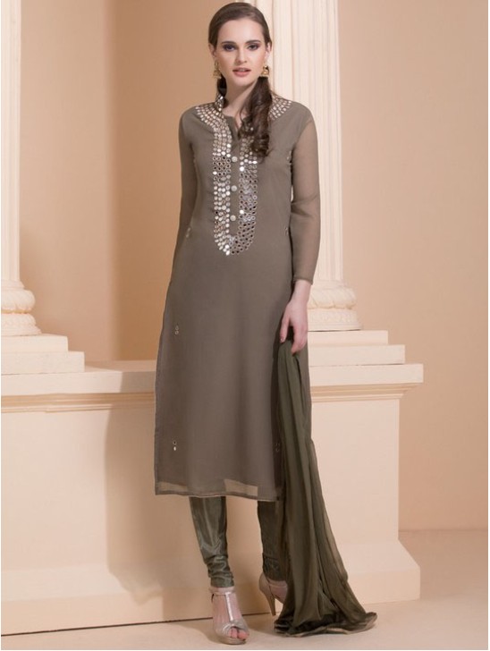 MOUSE COLOUR EARTH TONE SUIT WITH DELICATE MIRROR WORK