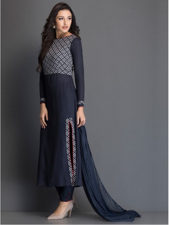 LONG LINE SALWAR KAMEEZ SUIT WITH PRINTED BODICE