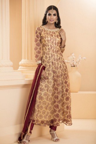 Beige Maroon Indian Readymade Anarkali Suit