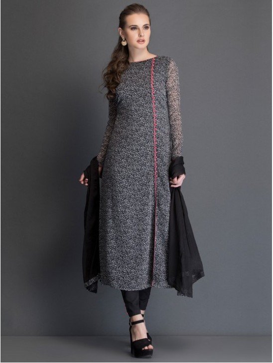Side Slit Dress Polka Black Grey Readymade Ladies Suit