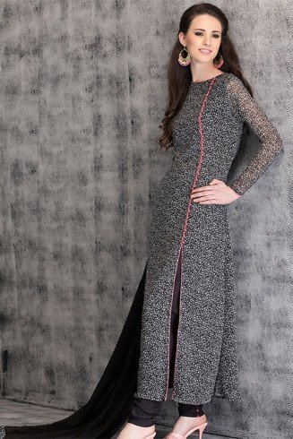  Side Slit Dress Polka Black Grey Readymade Ladies Suit