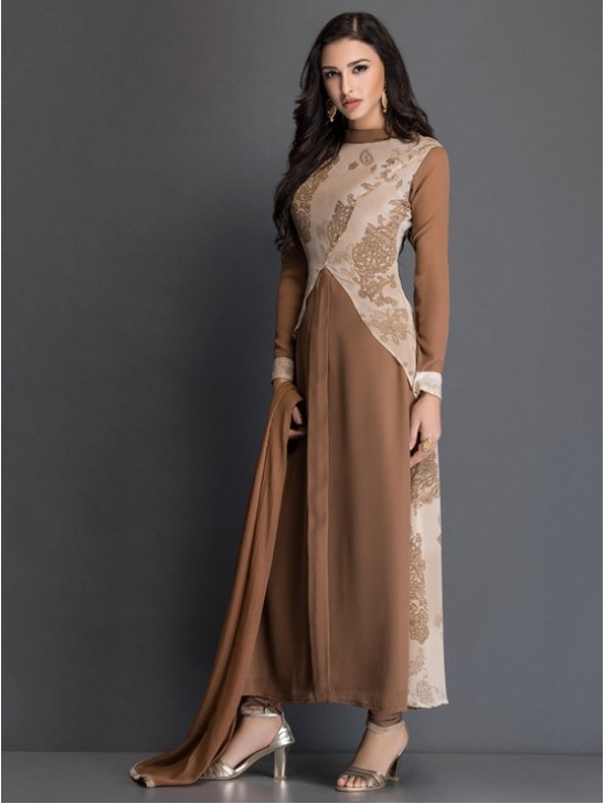 ZAC-11 BROWN LONG DRESS WITH JACKET STYLE LAYERED BODICE (READY MADE)