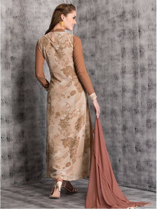 ZAC-11 BROWN LONG DRESS WITH JACKET STYLE LAYERED BODICE (READY MADE)