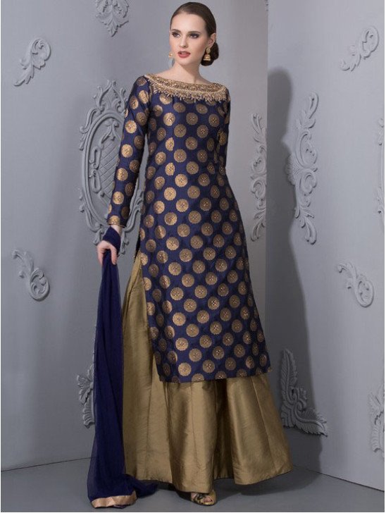 Navy Blue Brocade Dress Designer Wedding Lehenga