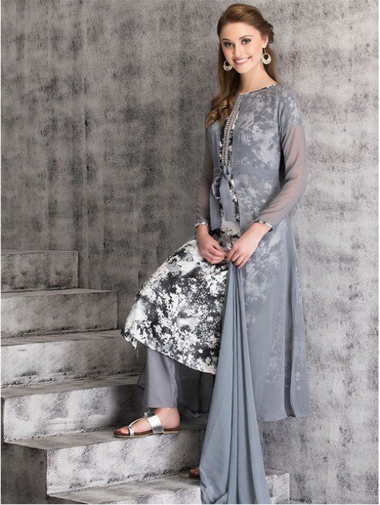 Grey Belted Jacket Dress Printed Readymade Indian Suit