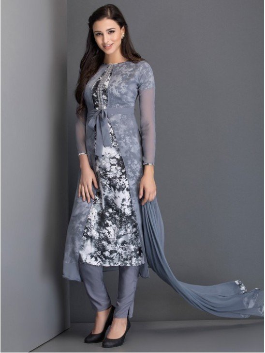 Grey Belted Jacket Dress Printed Readymade Indian Suit