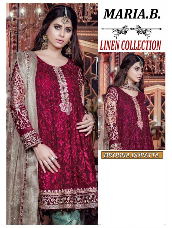 MAROON MARIA B LINEN READY MADE PAKISTANI STYLE SUIT