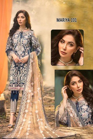 Navy Blue Maria b Style Pakistani Suit Embroidered Fancy Dress