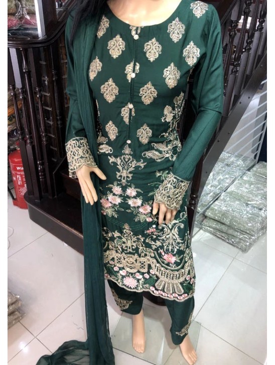 CHIVE GREEN HIGH QUALITY EMBROIDERED EVENING WEAR SALWAR SUIT