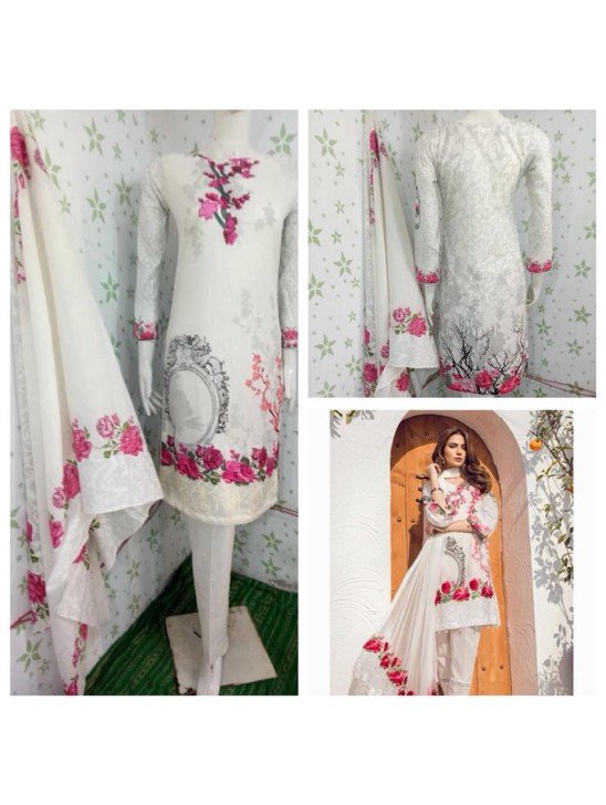 BRILLIANT WHITE PRINTED AND EMBROIDERED PAKISTANI CAPRI STYLE TROUSER SUIT