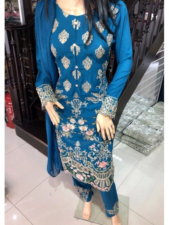 Mosaic Blue Embroidered Linen Readymade Indian Salwar Suit