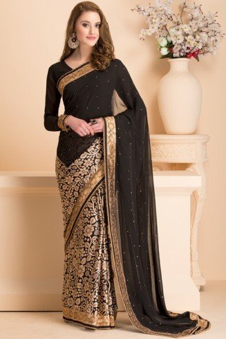 BLACK WEDDING WEAR SAREE WITH READY STITCHED BLOUSE