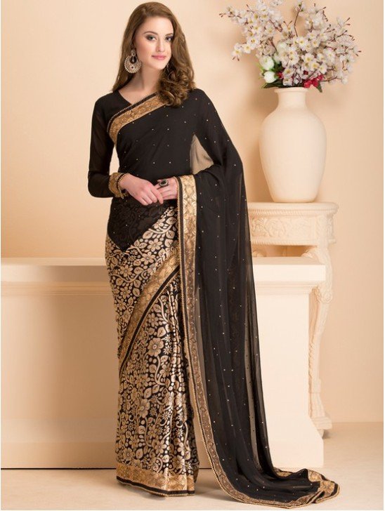 BLACK WEDDING WEAR SAREE WITH READY STITCHED BLOUSE