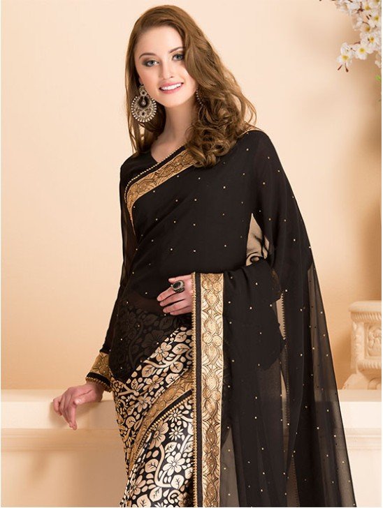 BLACK WEDDING WEAR SAREE WITH READY STITCHED BLOUSE