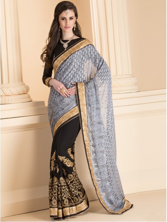 ASH GREY AND BLACK CONTRAST DESIGNER SAREE