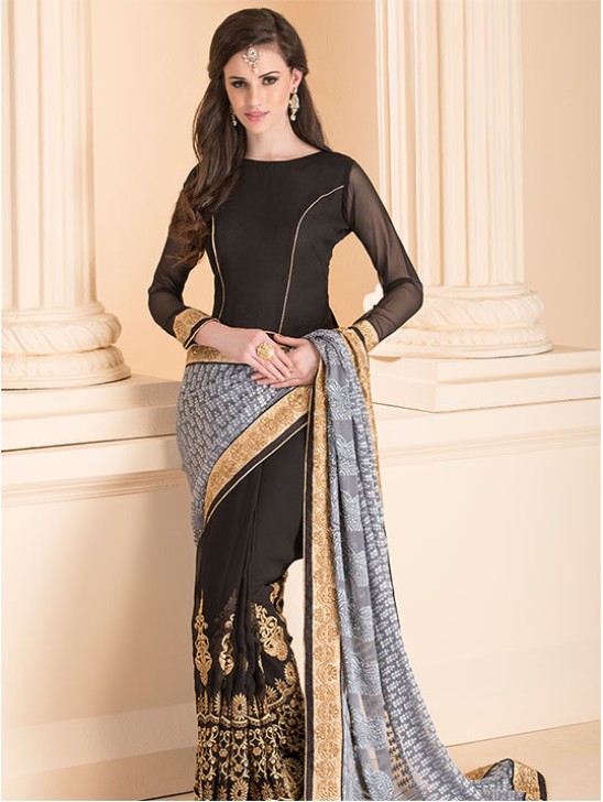 ASH GREY AND BLACK CONTRAST DESIGNER SAREE