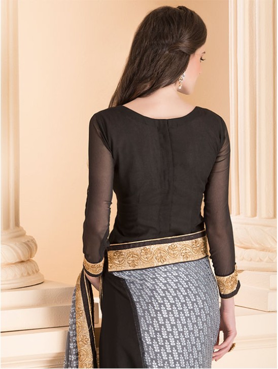 ASH GREY AND BLACK CONTRAST DESIGNER SAREE