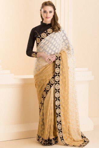 GOLD BEIGE OMBRE SAREE WITH STITCHED BLACK BLOUSE
