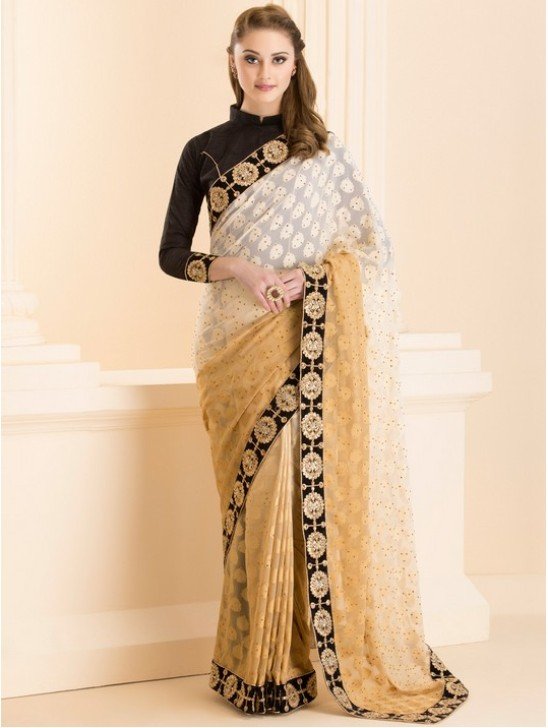 GOLD BEIGE OMBRE SAREE WITH STITCHED BLACK BLOUSE
