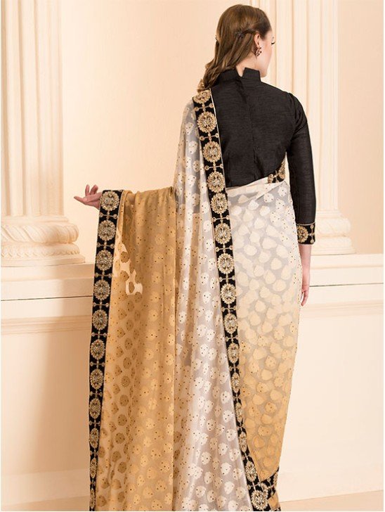 GOLD BEIGE OMBRE SAREE WITH STITCHED BLACK BLOUSE