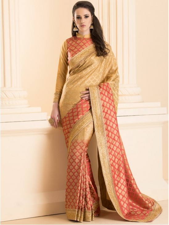 ZACS-28 PEACH BROCADE SAREE WITH MATCHING BLOUSE