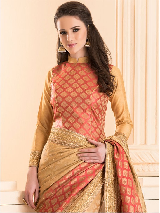 ZACS-28 PEACH BROCADE SAREE WITH MATCHING BLOUSE