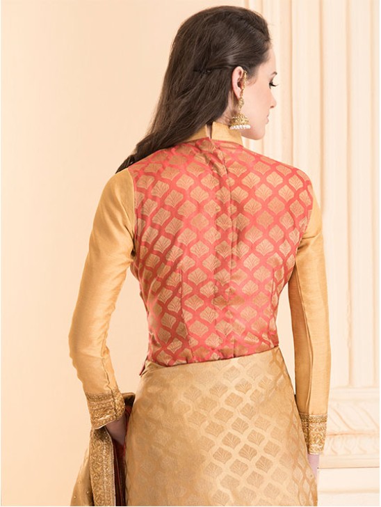 ZACS-28 PEACH BROCADE SAREE WITH MATCHING BLOUSE