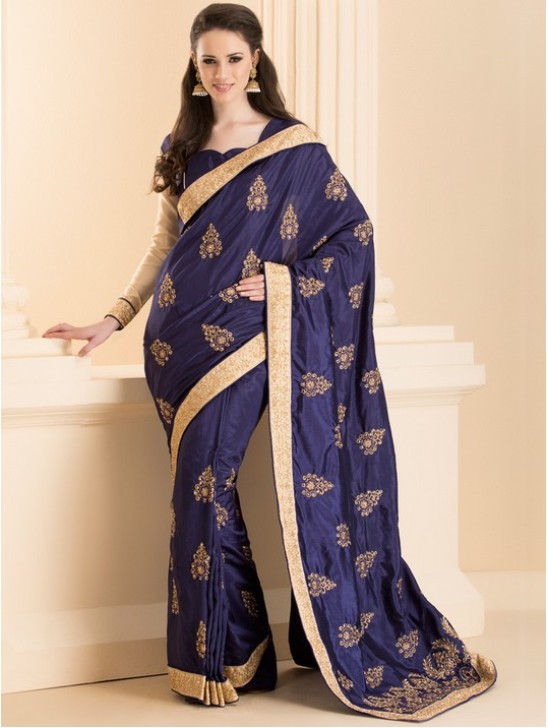 ZACS-26 NAVY BLUE INDIAN DESIGNER PARTY WEAR SAREE WITH FULL SLEEVE BLOUSE