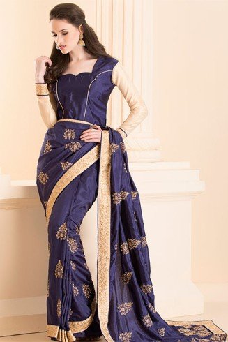 ZACS-26 NAVY BLUE INDIAN DESIGNER PARTY WEAR SAREE WITH FULL SLEEVE BLOUSE