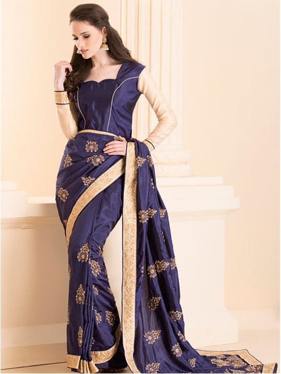 ZACS-26 NAVY BLUE INDIAN DESIGNER PARTY WEAR SAREE WITH FULL SLEEVE BLOUSE