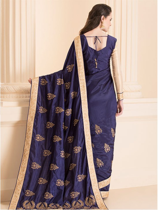 ZACS-26 NAVY BLUE INDIAN DESIGNER PARTY WEAR SAREE WITH FULL SLEEVE BLOUSE