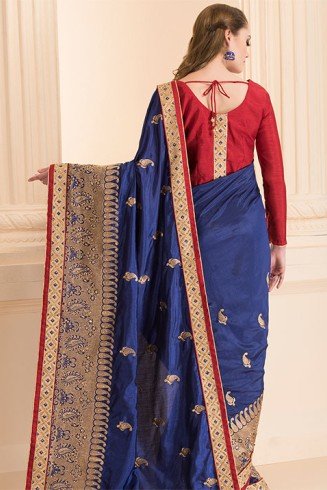 ZACS-29 NAVY BLUE FORMAL SAREE WITH GOLD MOTIFS AND STITCHED BLOUSE