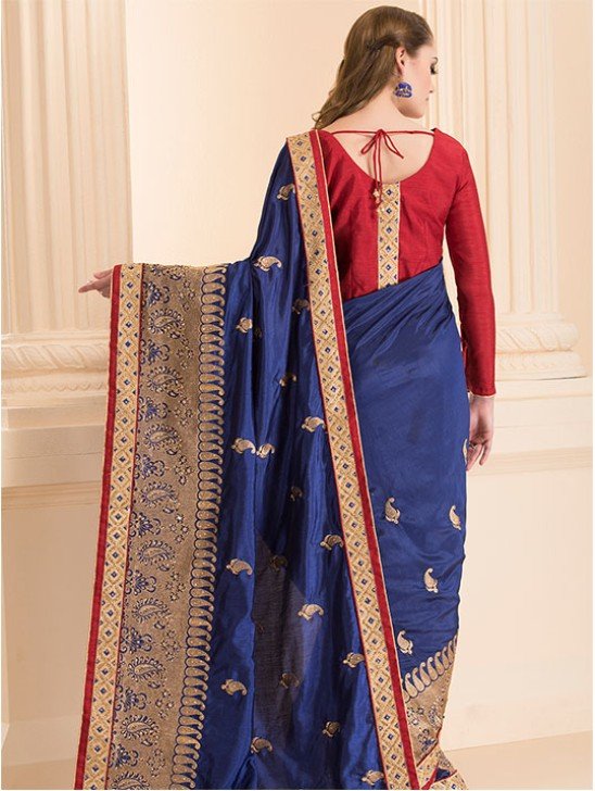 ZACS-29 NAVY BLUE FORMAL SAREE WITH GOLD MOTIFS AND STITCHED BLOUSE