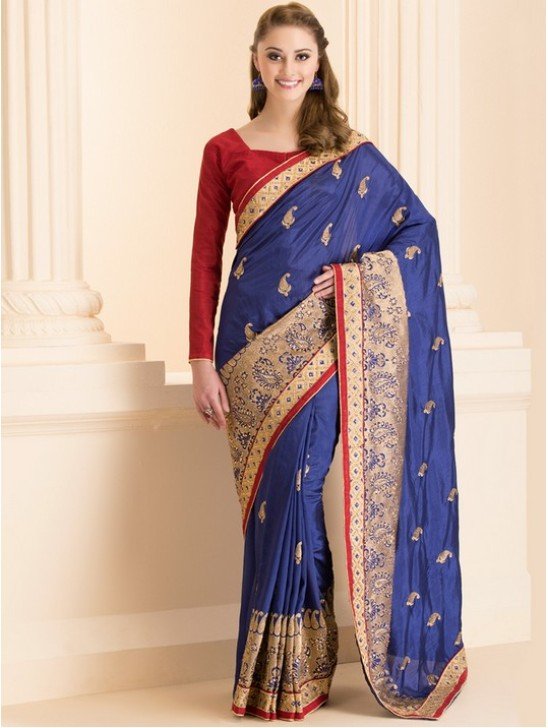 ZACS-29 NAVY BLUE FORMAL SAREE WITH GOLD MOTIFS AND STITCHED BLOUSE