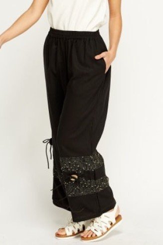 Stunning Black Embroidered Hem Wide Leg Trousers