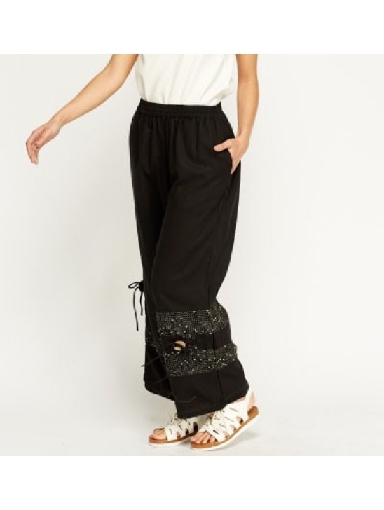 Stunning Black Embroidered Hem Wide Leg Trousers