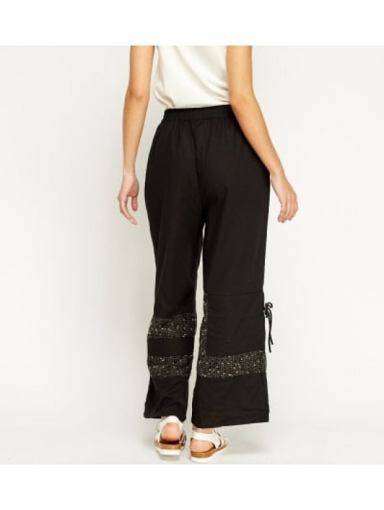 Stunning Black Embroidered Hem Wide Leg Trousers