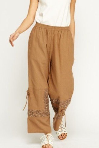 Stunning Beige Embroidered Hem Wide Leg Trousers