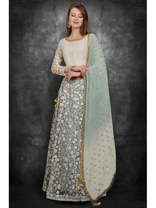 Cream & Aqua Marine Designer Desi Lehenga Dress